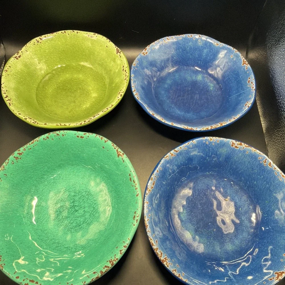 Pier 1 Carmelo Crackle Melamine Bowls Lot Of 4 Party Multicolor Cereal Salad Set